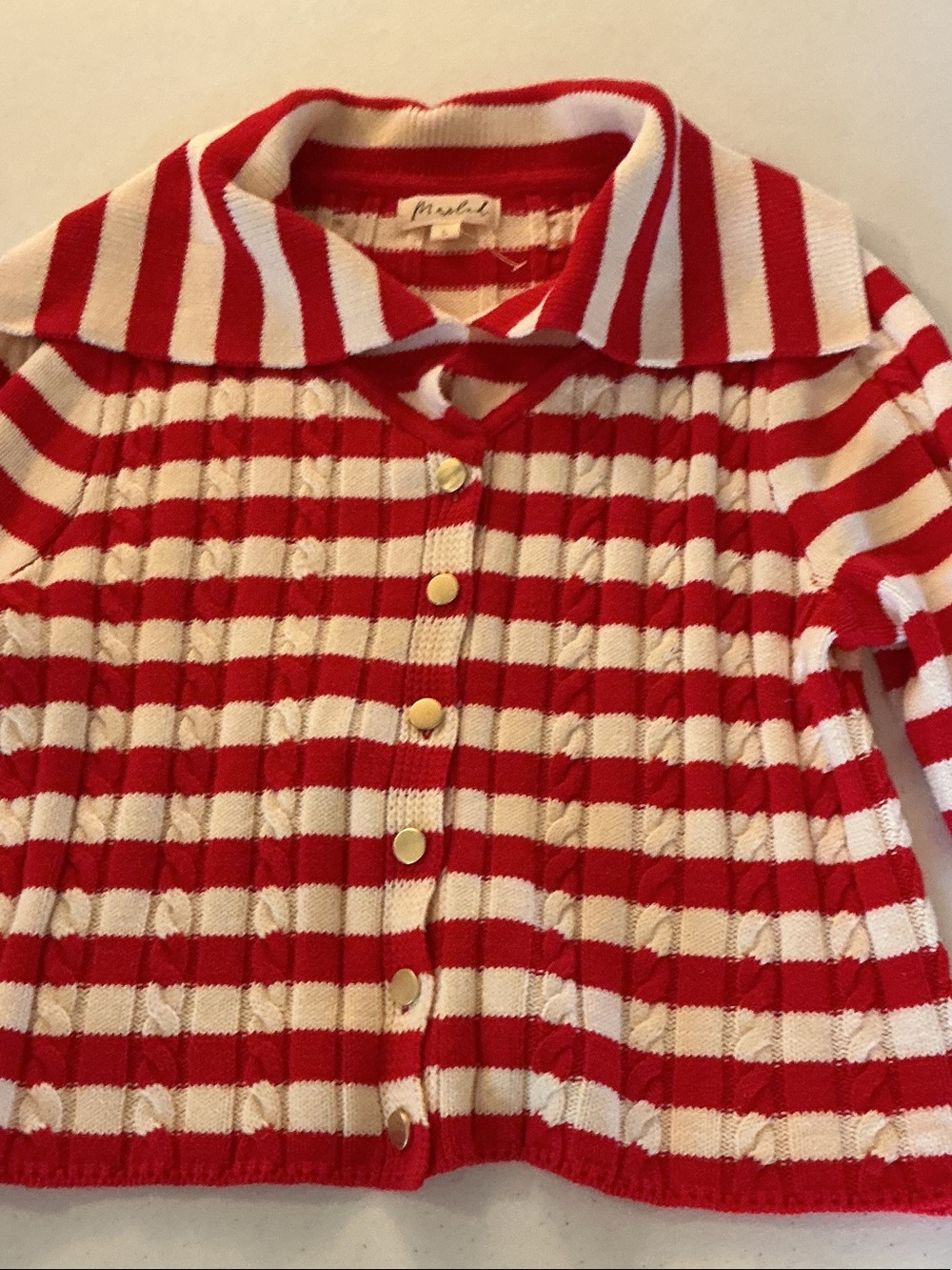 Marled Red & White Striped Knit Button-Front Kids Cardigan